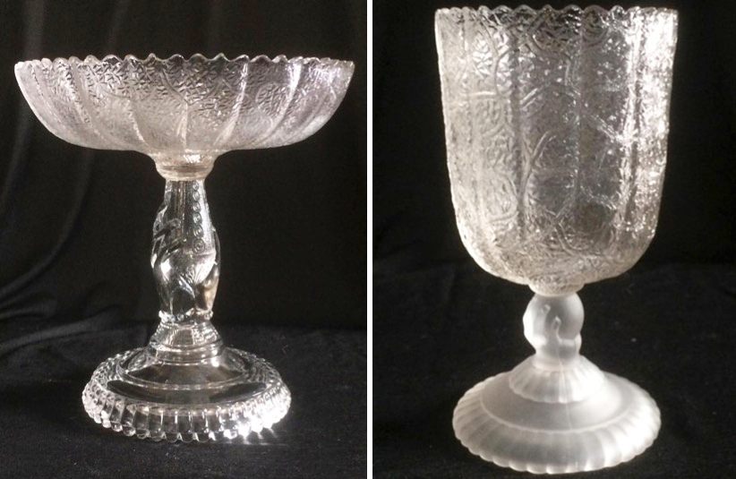 Left, Hobbs Brockunier "Tree of Life" epergne base c. 1879 and right, a "Tree of Life" Spooner c. 1879.