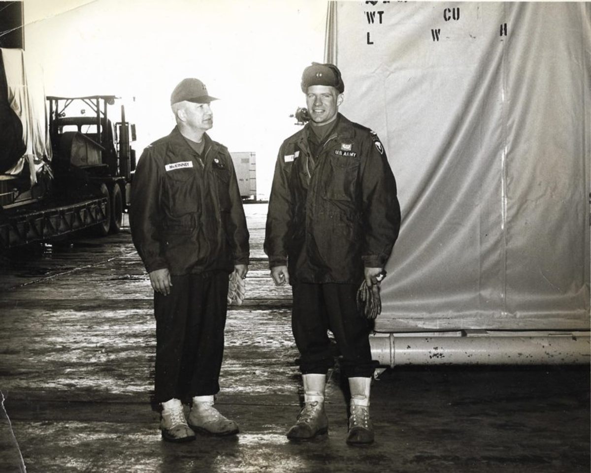Joseph Franklin (right) with pieces of the decommissioned PM-2A reactor at Thule Air Base.
