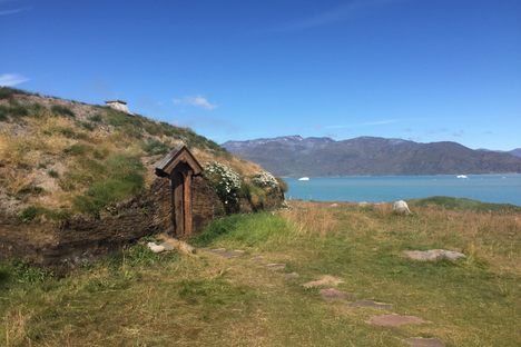 A modern reproduction of Erik the Red’s house on his estate (known as Brattahlíð) in present-day Qassiarsuk, Greenland. 