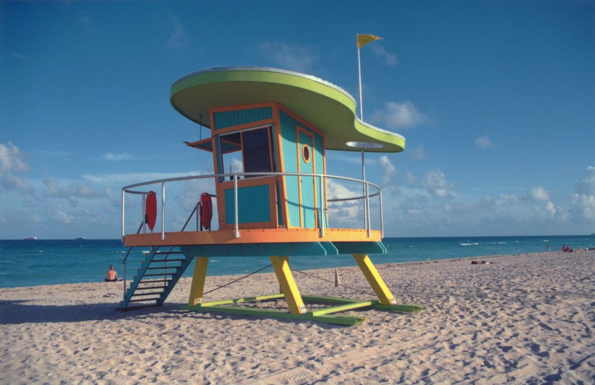 Built in the mid-1990s, these lifeguard stations represent "optimistic futurism" and tropical fauna, according to the architectural firm that designed them.