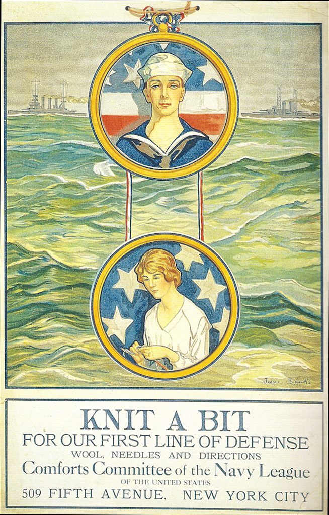 A poster to promote knitting from the Comforts Committee of the Navy League of the United States.