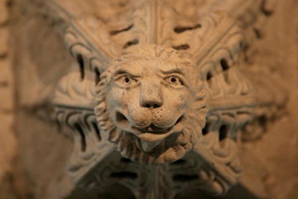 Lionhead carved on a pendant in the Rosslyn Chapel