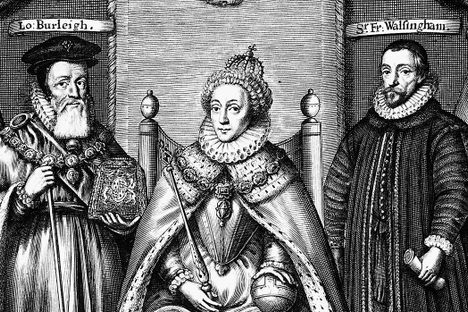 Queen Elizabeth with Lord Burleigh and Sir Francis Walsingham.