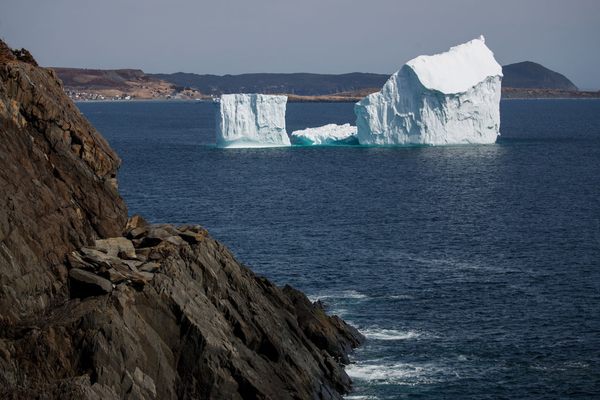  An iceberg floats in the Atlantic Ocean, April 26, 2017 off the coast of Port Kirwan, Newfoundland, Canada. Icebergs break off from Baffin Island and Greenland every spring and drift down the stretch of water along the coast of Newfoundland and Labrador known as Iceberg Alley. According to media reports, the higher number of icebergs this season can be attributed to uncommonly strong counter-clockwise winds that draw the icebergs south and possibly global warming, which could be making Greenland's ice sheet melt faster.