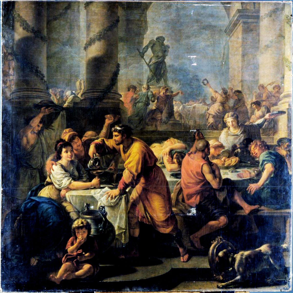 "Saturnalia," painted by Antoine Callet in 1782-3, depicts the ancient Roman feast with evergreen decor.