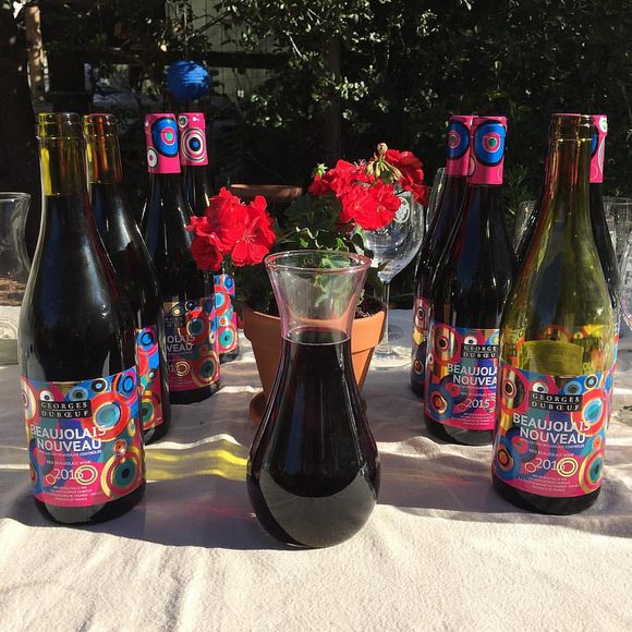 Bottles of Beaujolais Nouveau in Sonoma, California.