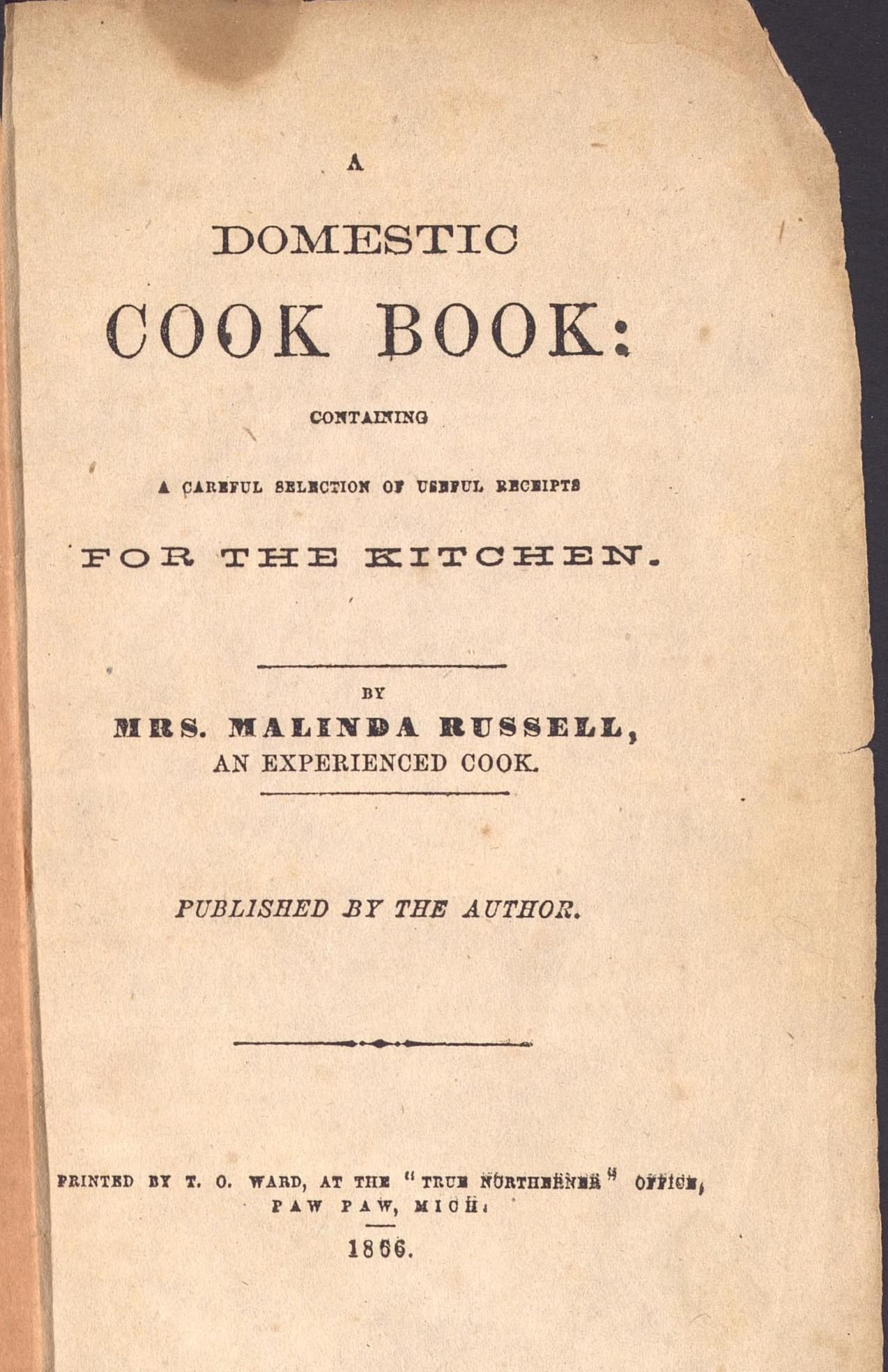 The front page of Malinda Russell's <em>Domestic Cook Book.</em>