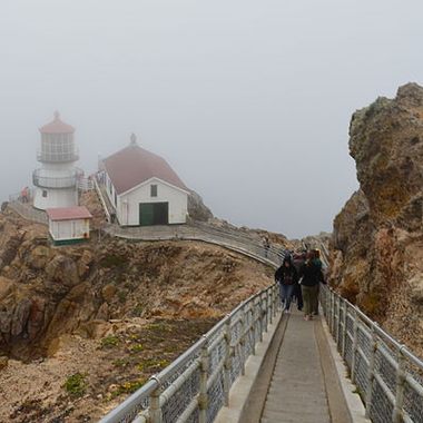A thick fog engulfs the Point Reyes Lighthouse.