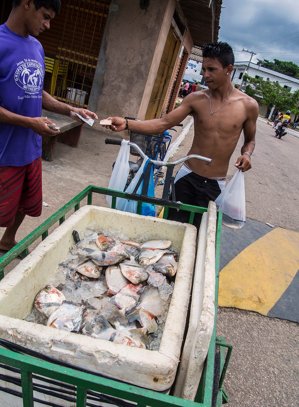 A bicycle-mounted fish seller makes a sale. Live fish for aquariums are generally worth much more than food fish on the local market