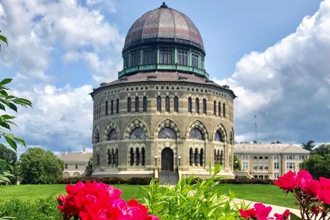 Exterior of the Nott with flowers.