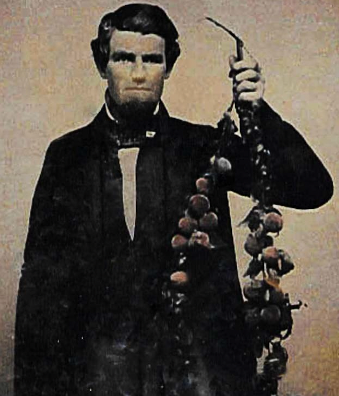Levi Tower, holding a strand of peaches from his orchards, circa 1860.