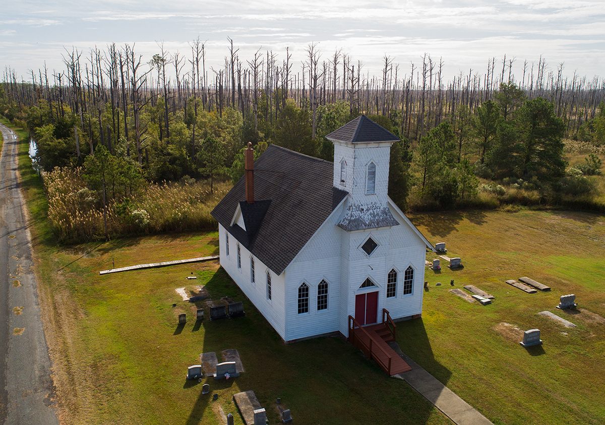 Wesley United Methodist Church, with a ghost forest behind it.
