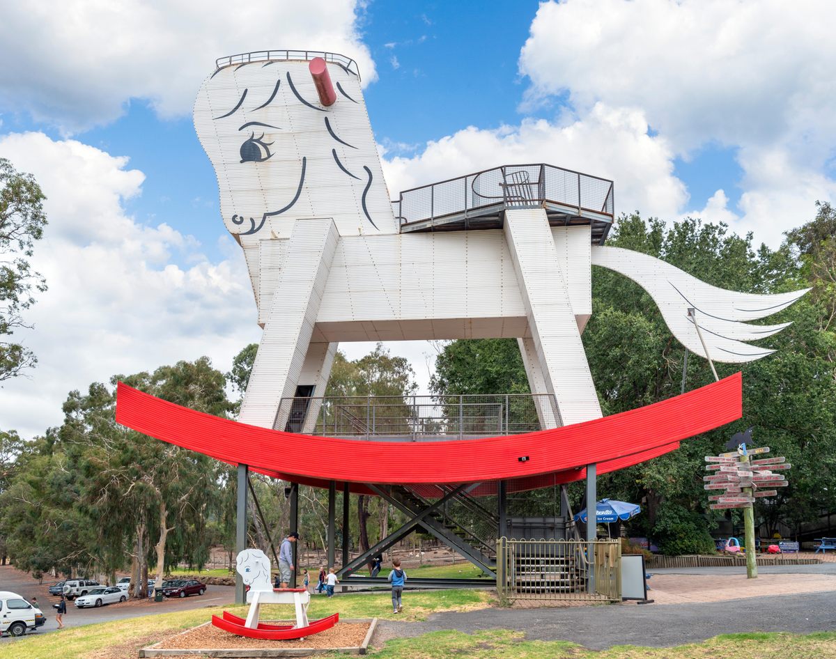 Visitors can climb to the top of the 60-foot-tall Big Rocking Horse in Gumeracha.
