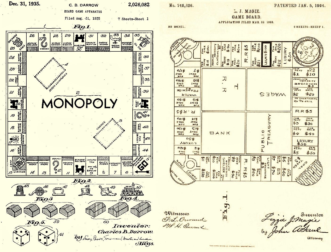 A rivalry of patents. Left: Charles Darrow's dated 1935; Right: Lizzie Magie's dated 1904.