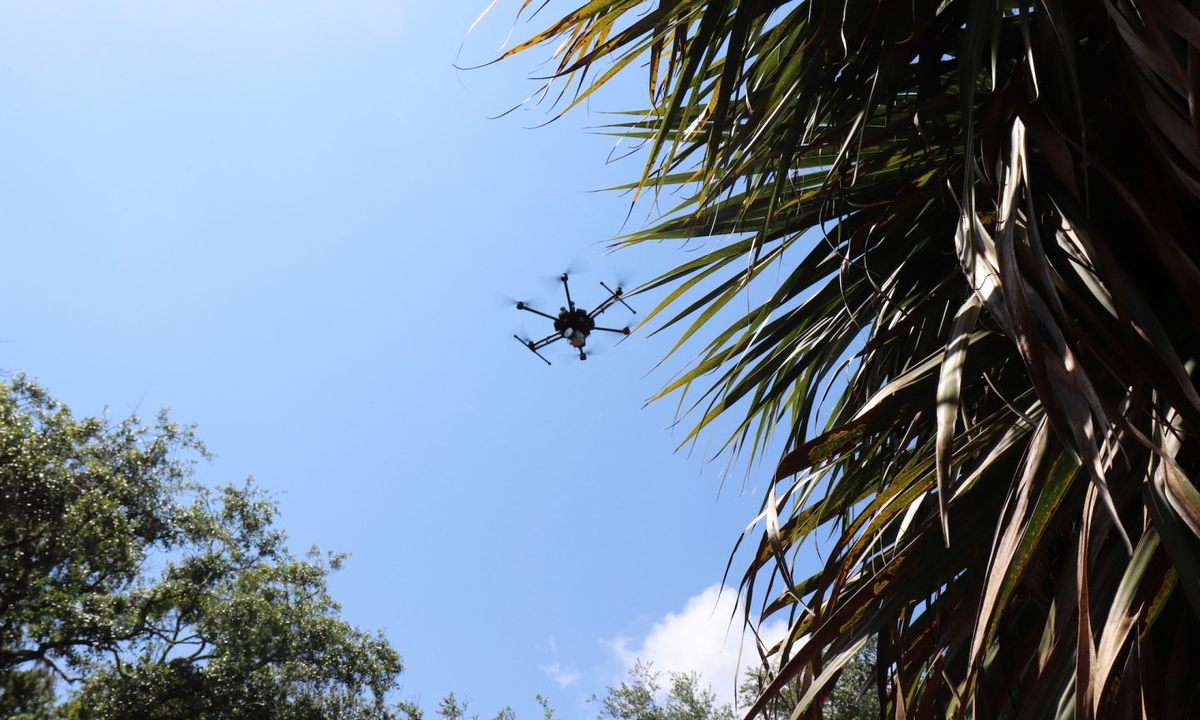 A lidar drone collecting data at Raleigh Island.