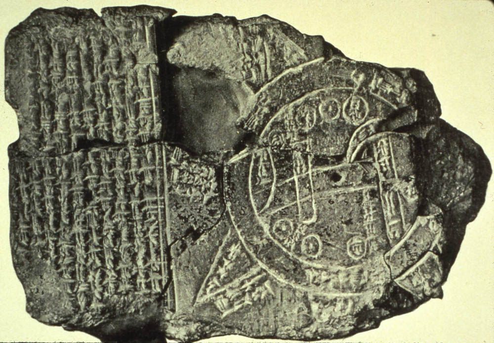 This Babylonian diagram, <em>Imago Mundi</em>, is thought to be one of the oldest maps of the world, dating to the sixth century B.C. 