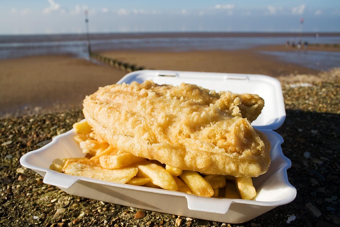 Fish and chips by the sea at Hunstanton, Norfolk.