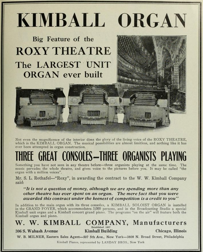 An advertisement for the Kimball Organ at New York's Roxy Theatre. 