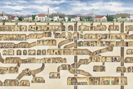 For perhaps thousands of years, local Cappadocians retreated underground when enemies approached. Their subterranean city, illustrated here, was rediscovered by accident. 