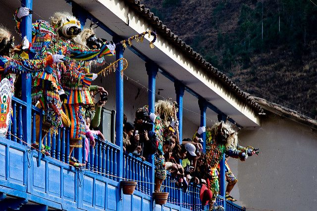 During the processions of the Virgin, the Saqras (demons) dance from rooftops and balconies, turning away whenever she faces them directly. Their main role in the festival is to take the Qapaq Qoyas to hell after they lose the battle in the <em>guerrilla</em>