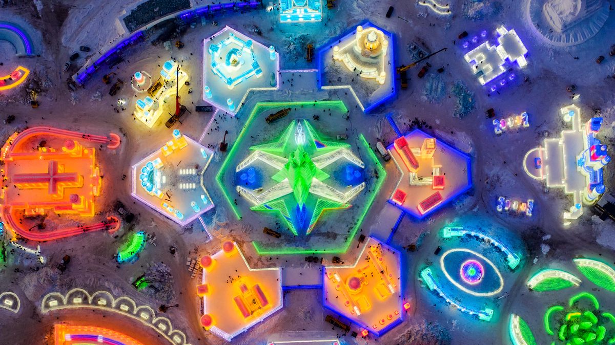 The Harbin Ice and Snow World show in Heilongjiang Province, China, is an annual spectacle (December 2020). 