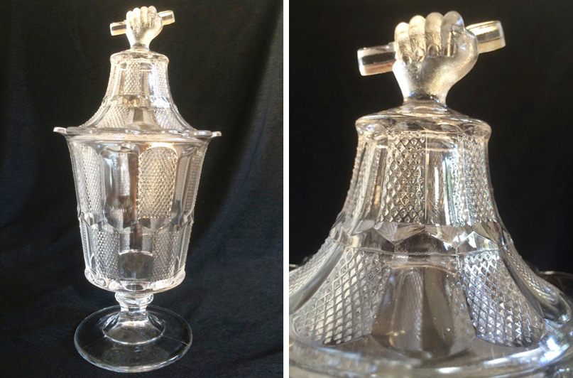 Two view of an O'Hara Glass Co. "Pennsylvania Hand" sugar bowl, c. 1880.