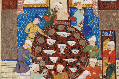 A 15th-century Iranian manuscript of the Shahnama ("The Book of Kings)" depicts a lavish banquet.