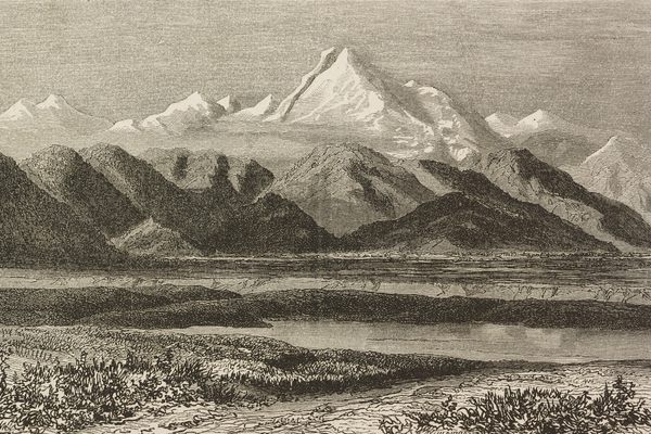 An 1868 image of Pikes Peak, towering over lesser mountains, by Leon Jean-Baptiste Sabatier.