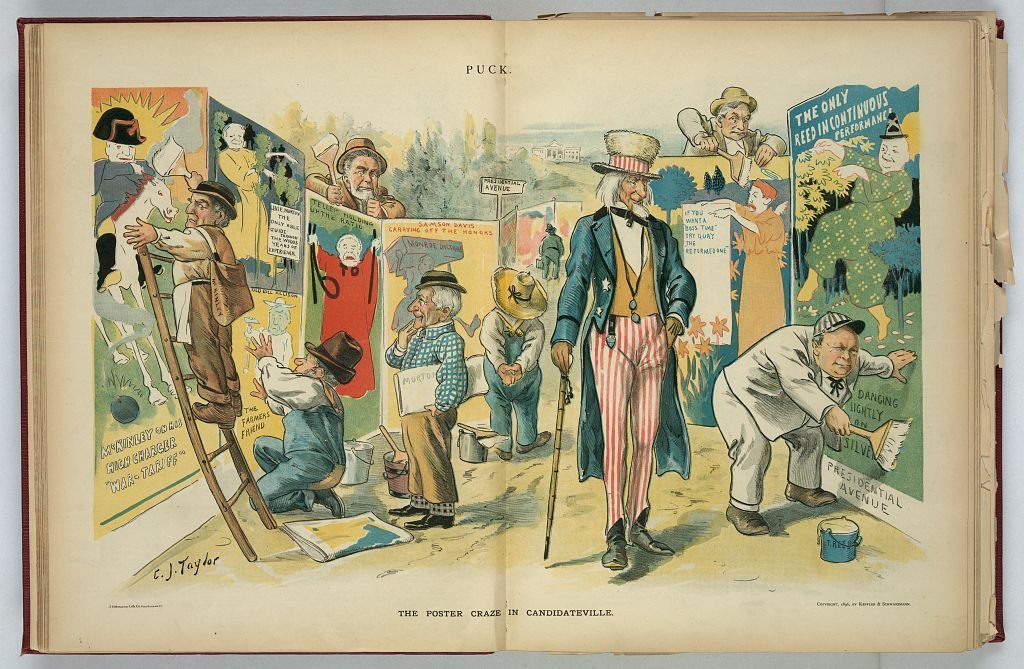 “The poster craze in candidateville,” an 1896 political cartoon by C.J. Taylor. 