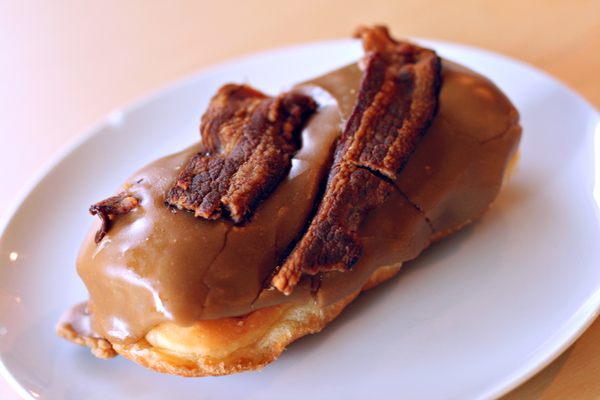 The original maple bacon doughnut is derived from a variation of the rectangular "Long John."