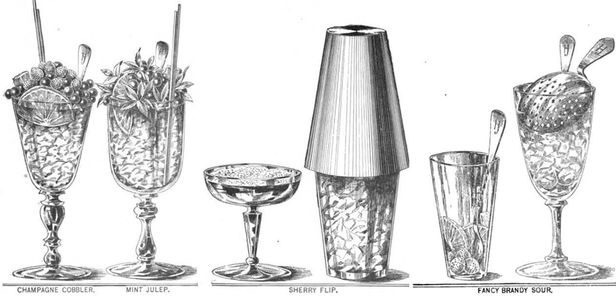 A variety of cocktails as featured in <em>The New and Improved Illustrated Bartenders' Manual; Or: How to Mix Drinks of the Present Style</em>, Harry Johnson, 1888.