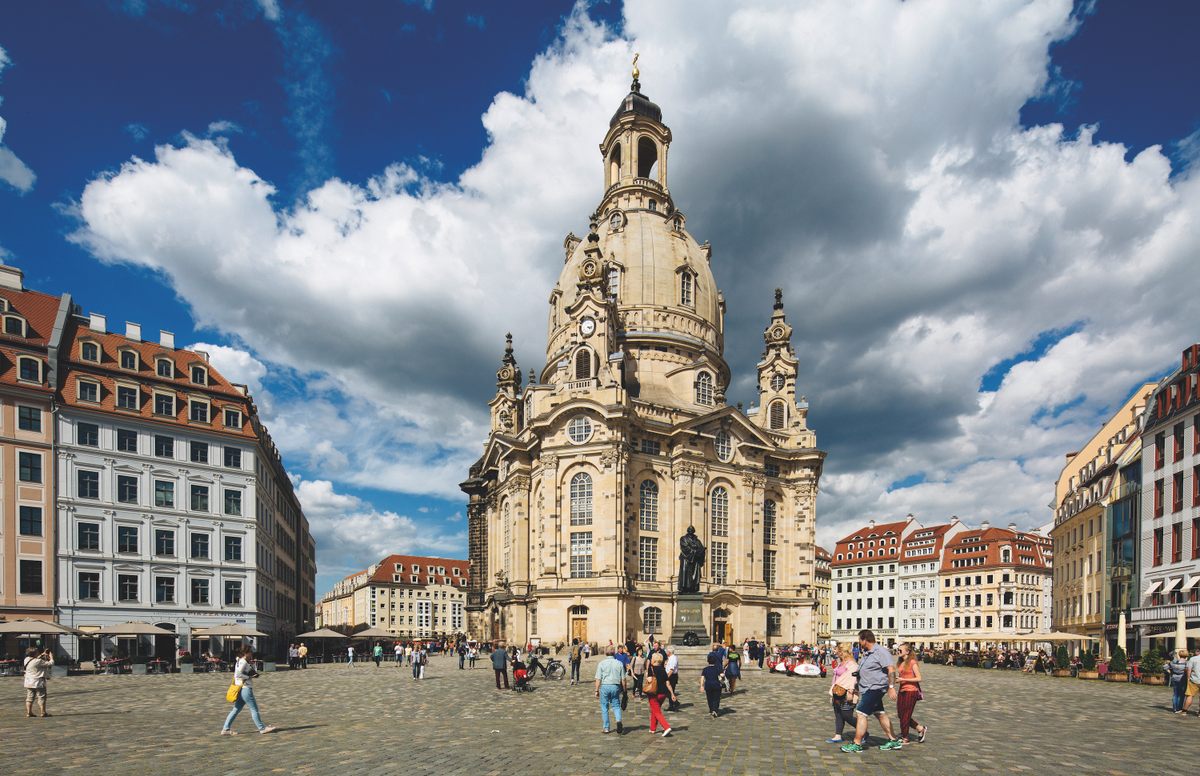 Completed in 1743, the Baroque-era Frauenkirche fell in 1945 but was later reconstructed using much of the original material.