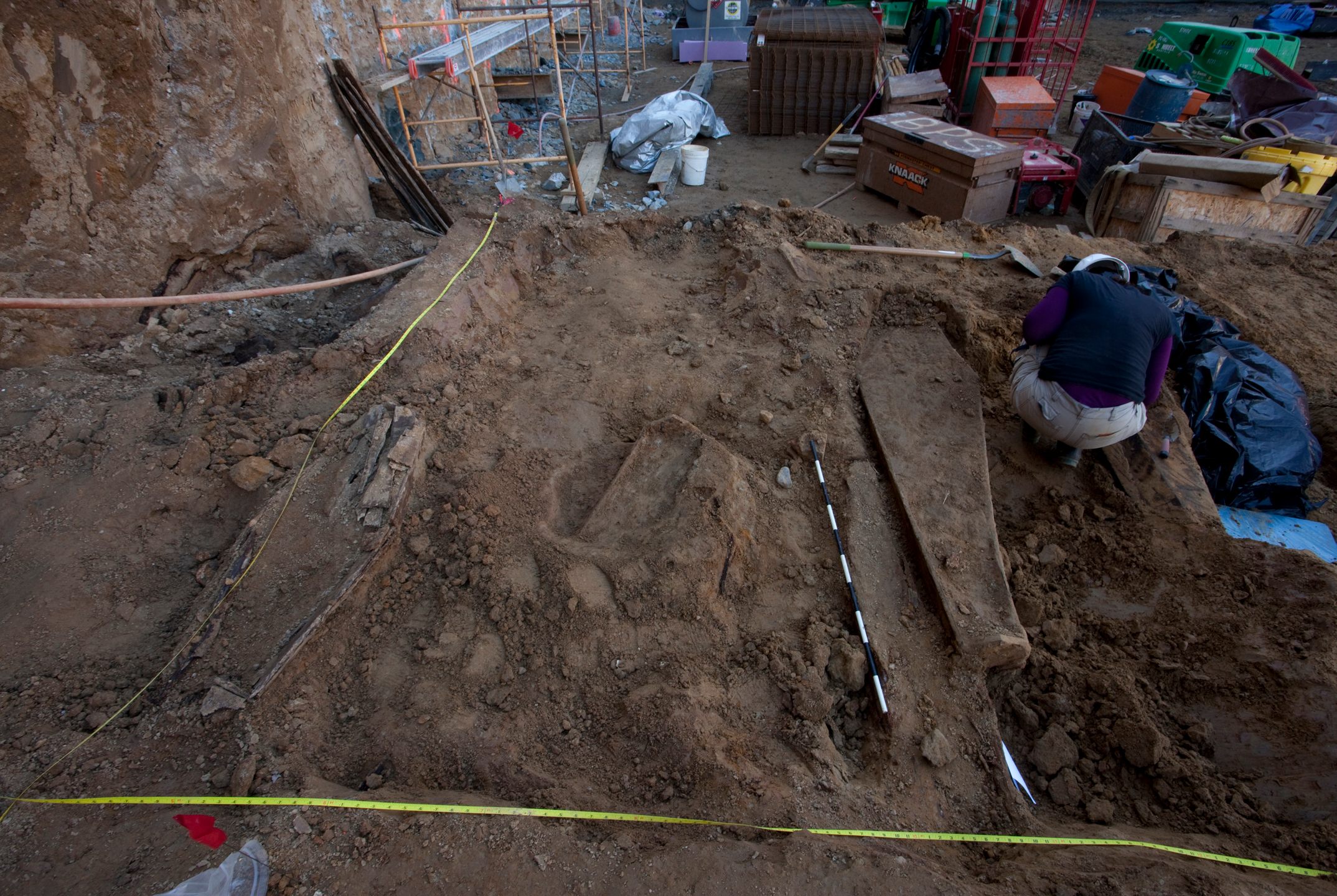 A coffin at the site.