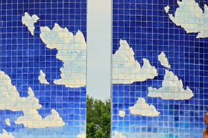 A closer view of the ceramic tiles of the "Blue Sky Scuplture."