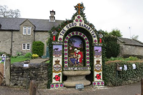 This Tissington well-dressing design, from 2013, marries a biblical theme with slightly more contemporary war imagery. 
