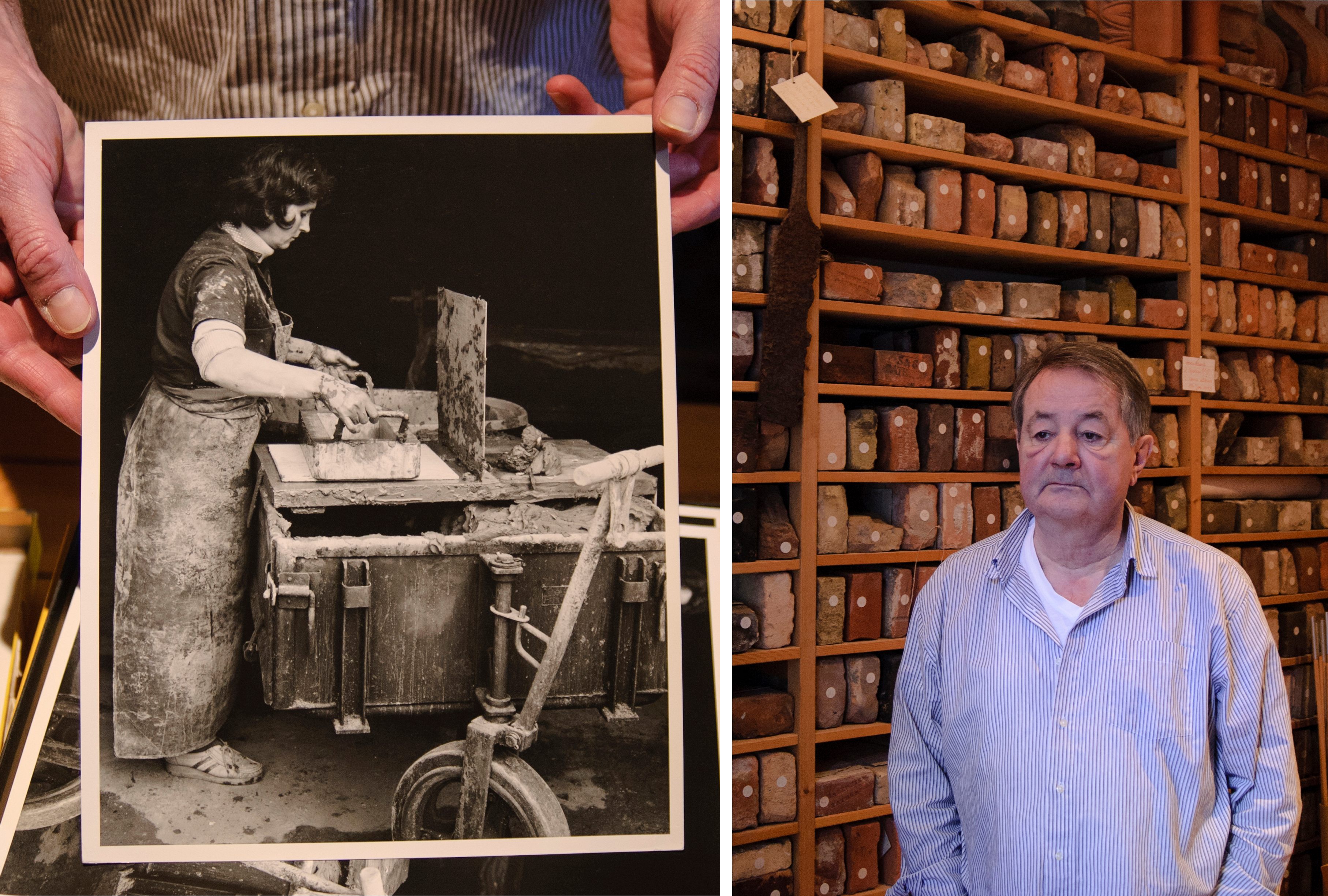 Regine Schulz, a brickmaker in Glindow, photographed by Karl-Ludwig Lange in 1990 (left); Karl-Ludwig Lange in front of his brick collection (right).