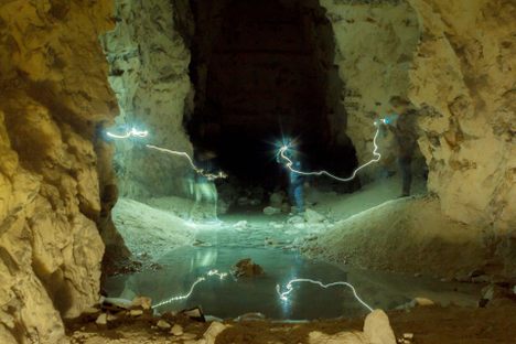 Cell phone light trails illuminating the caves of Mønsted Kalkgruber.