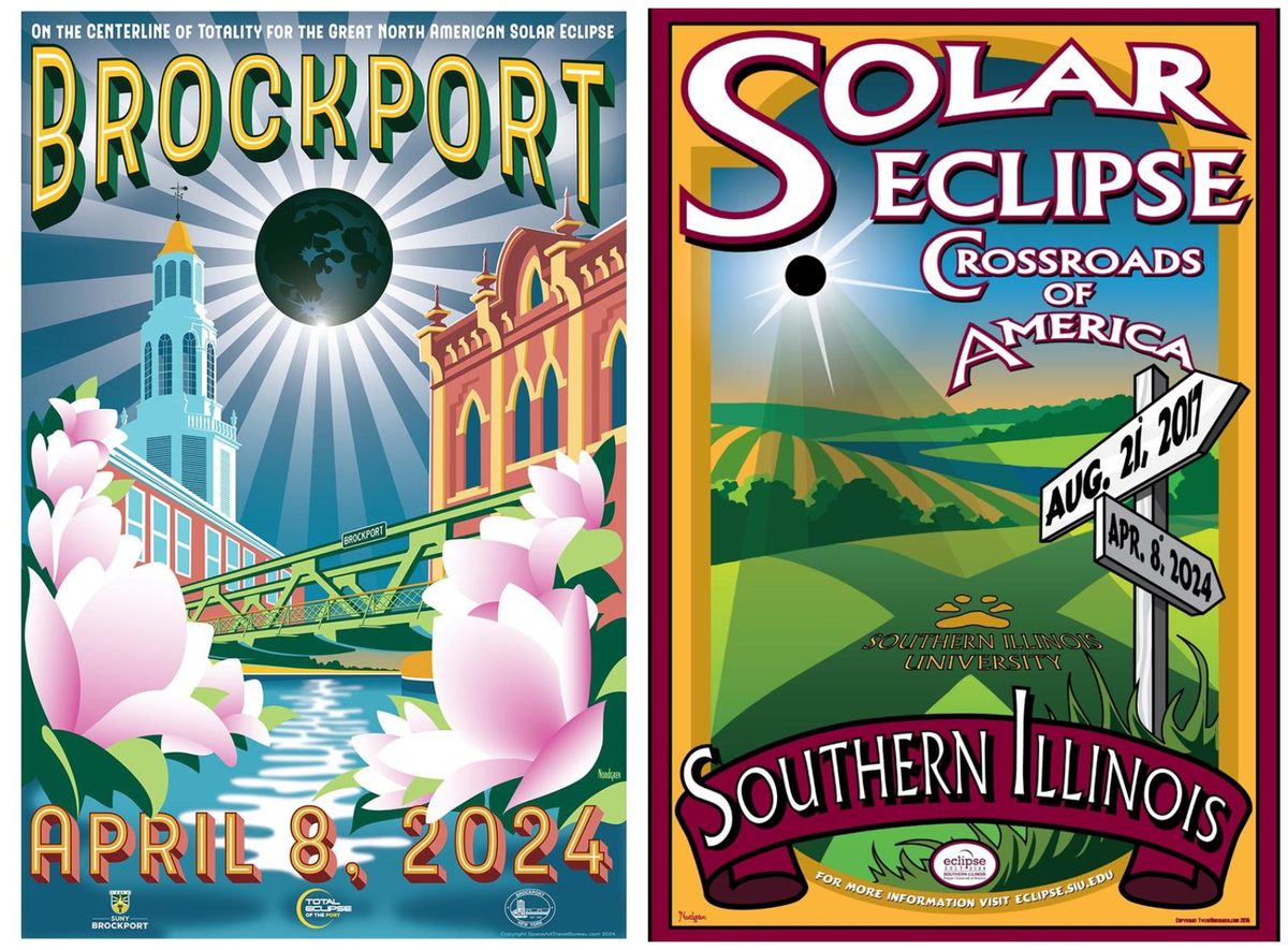The colorful graphics show the American places experiencing the eclipse and the varied landscape of the U.S.