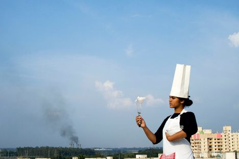 One of Zack Denfield's students whips smog into a meringue in Bangalore, India.