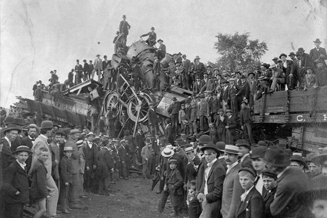 A crowd swarms over the wreckage to claim souvenirs in Buckeye Park in Ohio after a staged train wreck in 1896. 