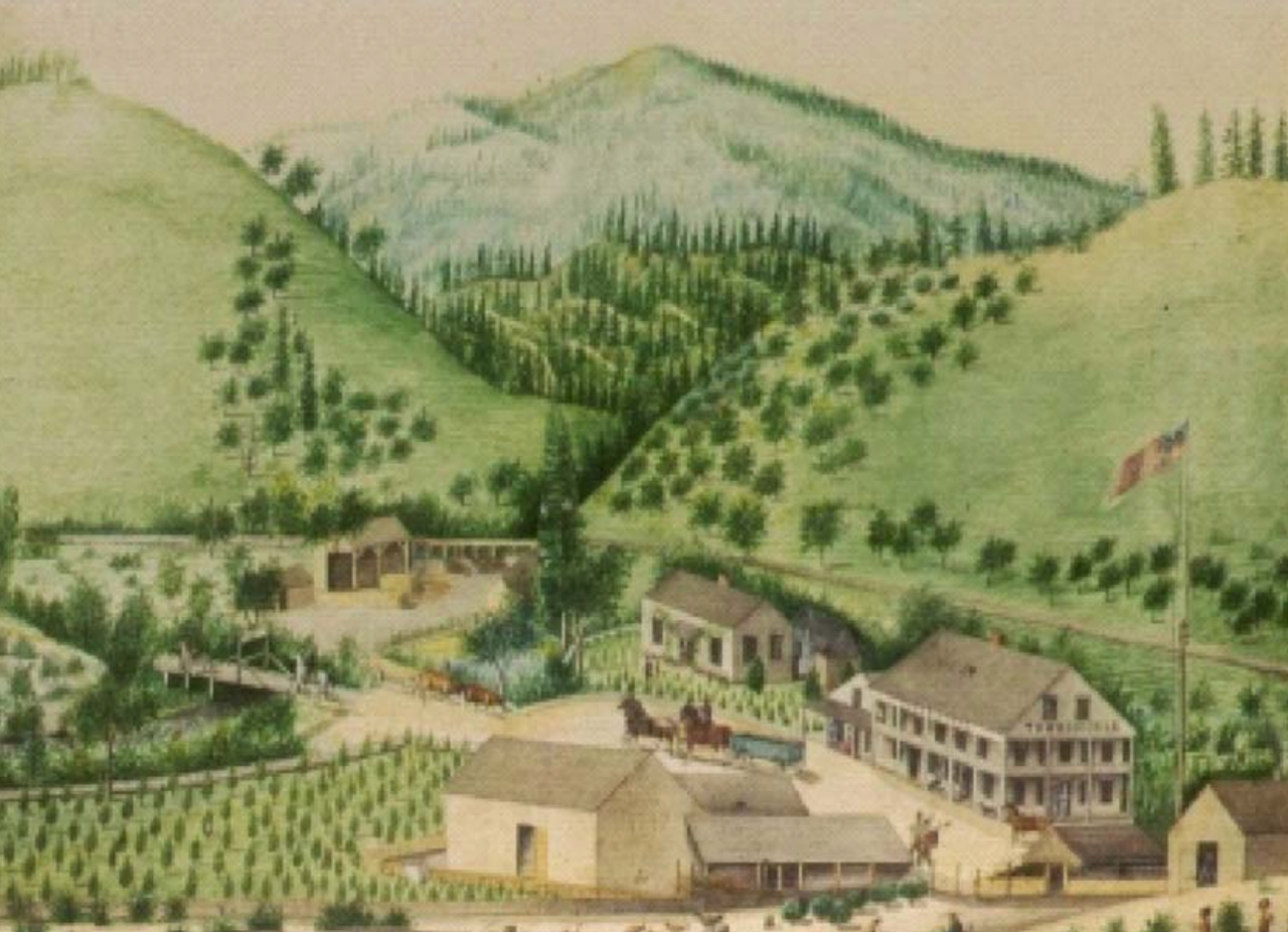The Tower House Hotel and adjacent orchards, circa 1860, painter unknown.