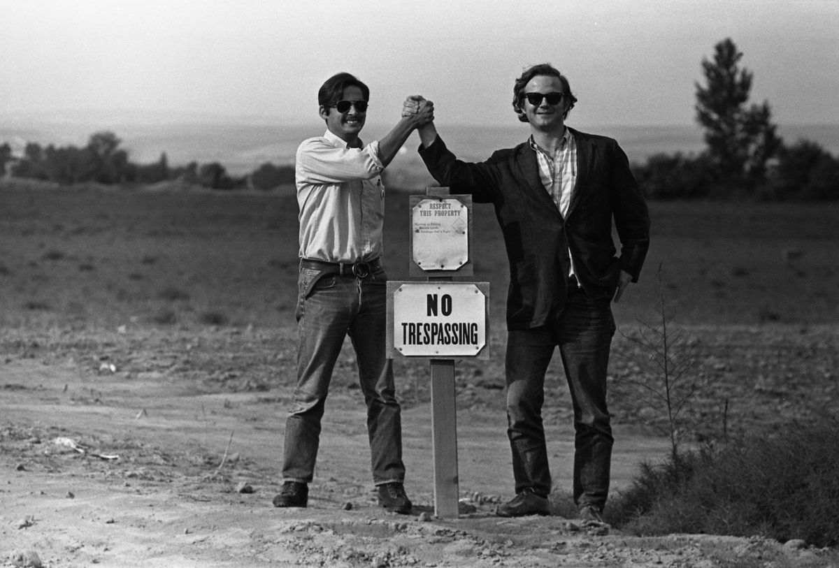 Cofounder of the United Farm Workers of Washington State, Guadalupe Gamboa, and civil rights attorney Michael Fox on the Rogers Walla Walla labor camp in Washington.