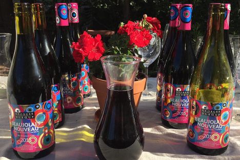 Bottles of Beaujolais Nouveau in Sonoma, California.