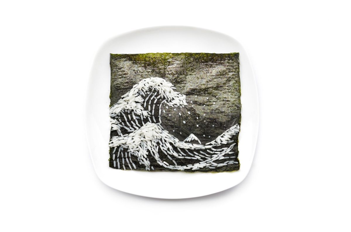 "The Great Wave off Kanagawa" made from Japanese sushi staples—nori and rice.