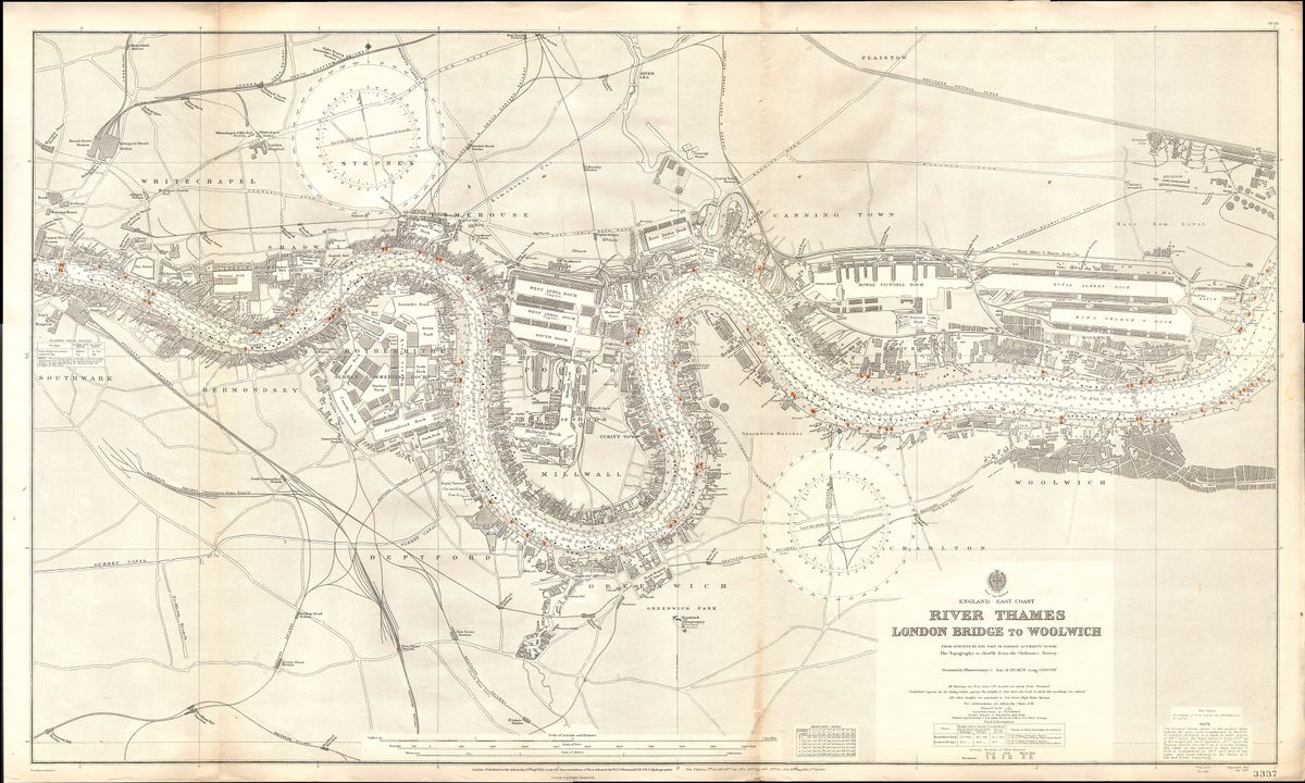 A 1903 nautical chart of the River Thames from London Bridge to Woolwich.