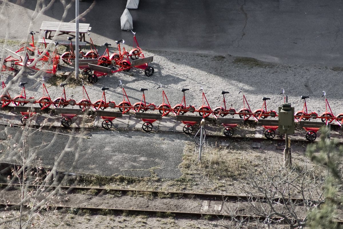 A line of pedal-powered draisines for rent to tourists in Sweden