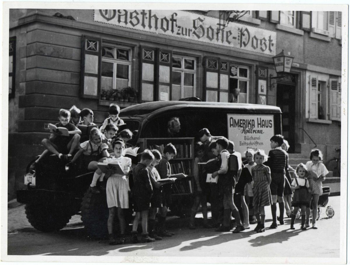 A bookmobile in Germany, late 1940s.