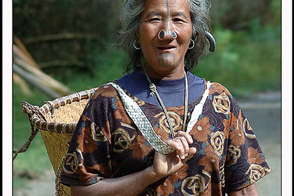 Apatani woman carrying the traditional basket.