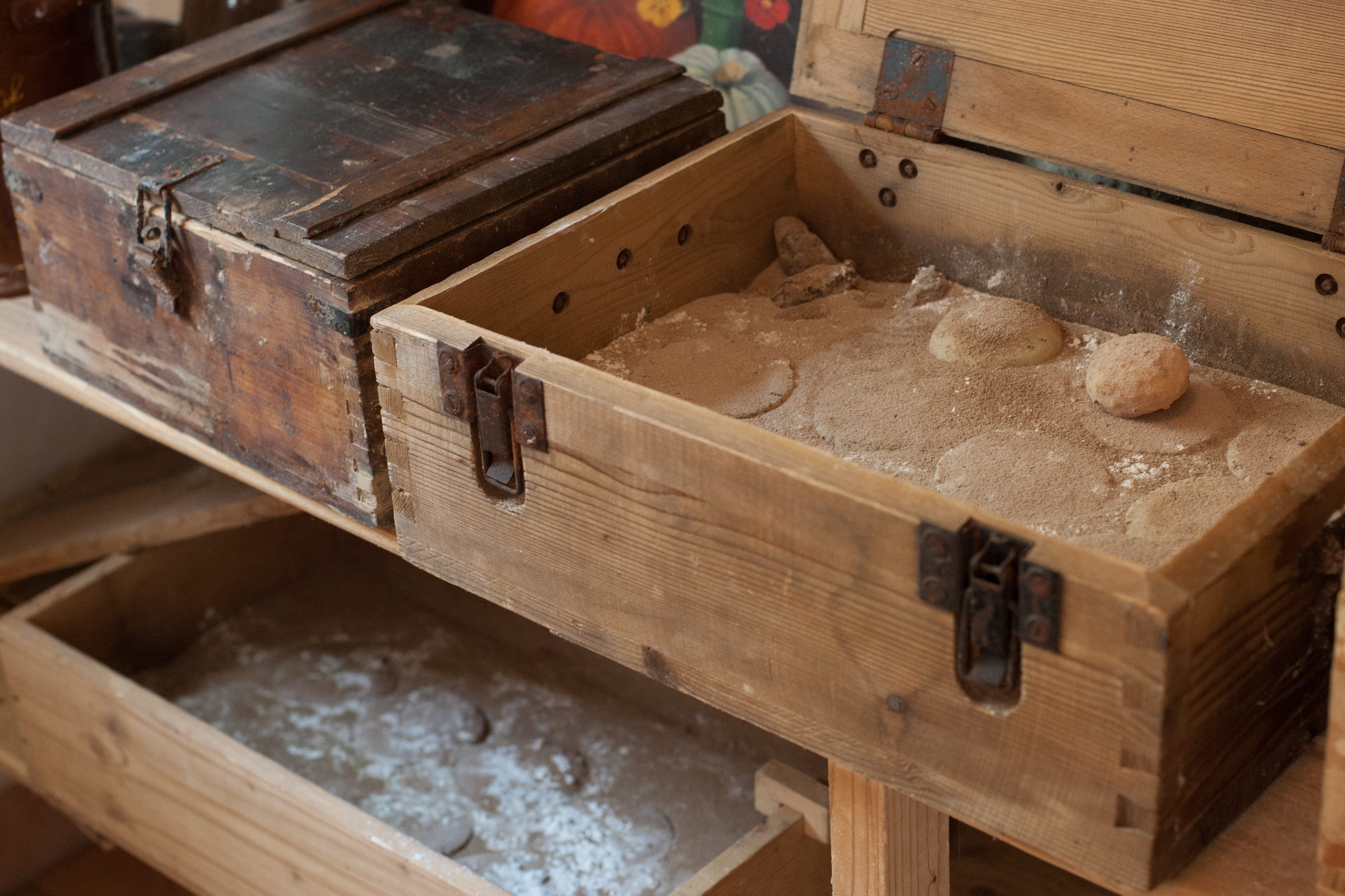 The wooden boxes where the mites work their magic are kept dark, cool, and humid.