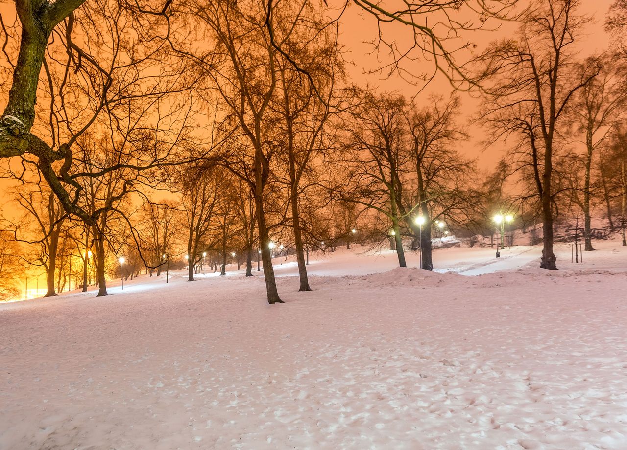 Bright night skies—like this scene in Helsinki, Finland—can be exacerbated by snow.